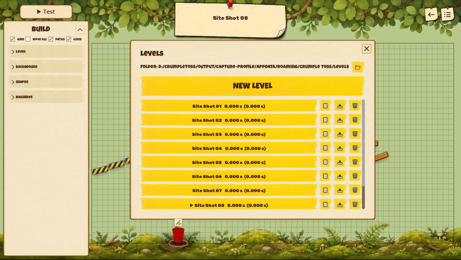 Level editor with the player levels window open