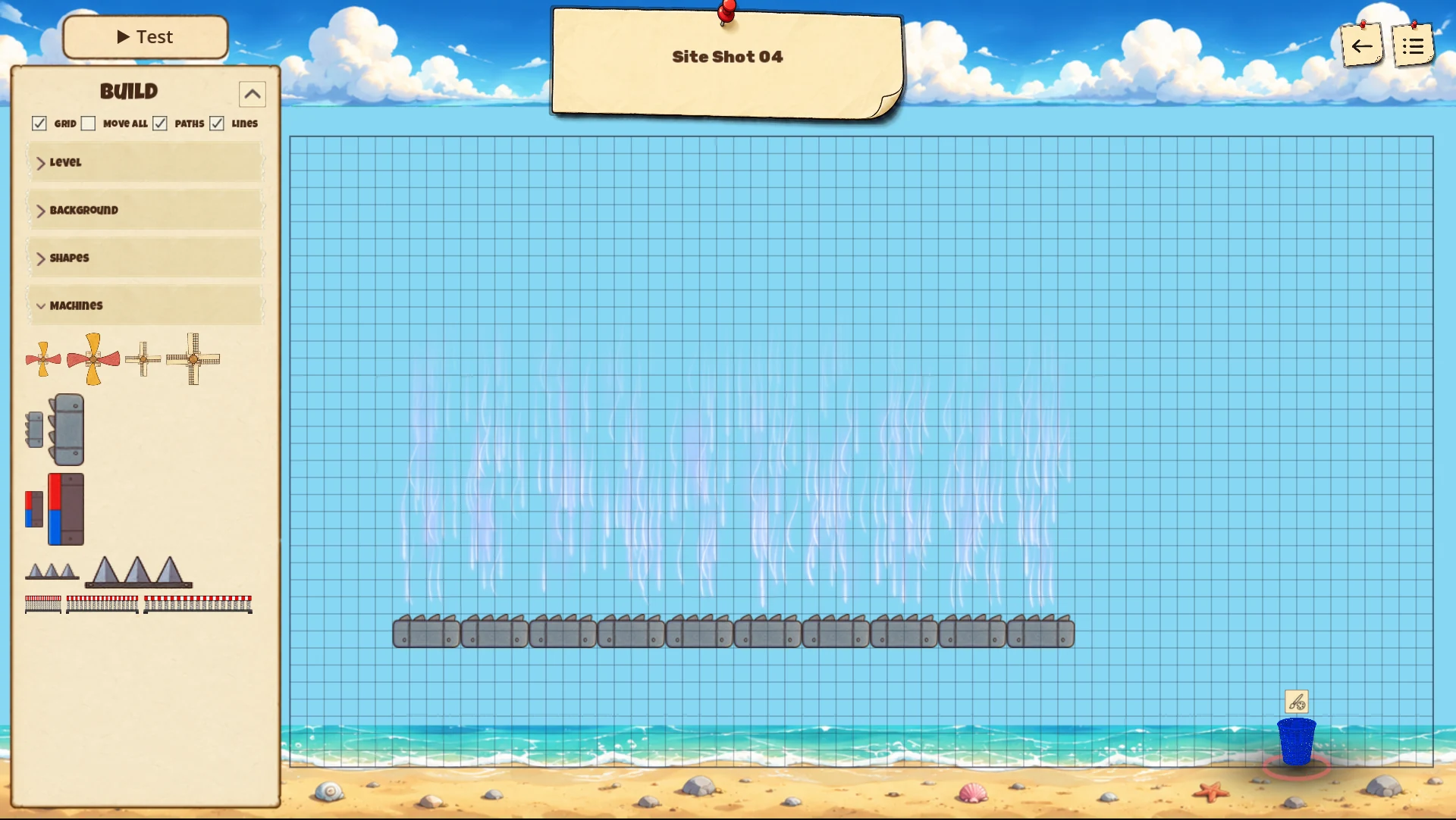 Level editor with the Machines panel open
